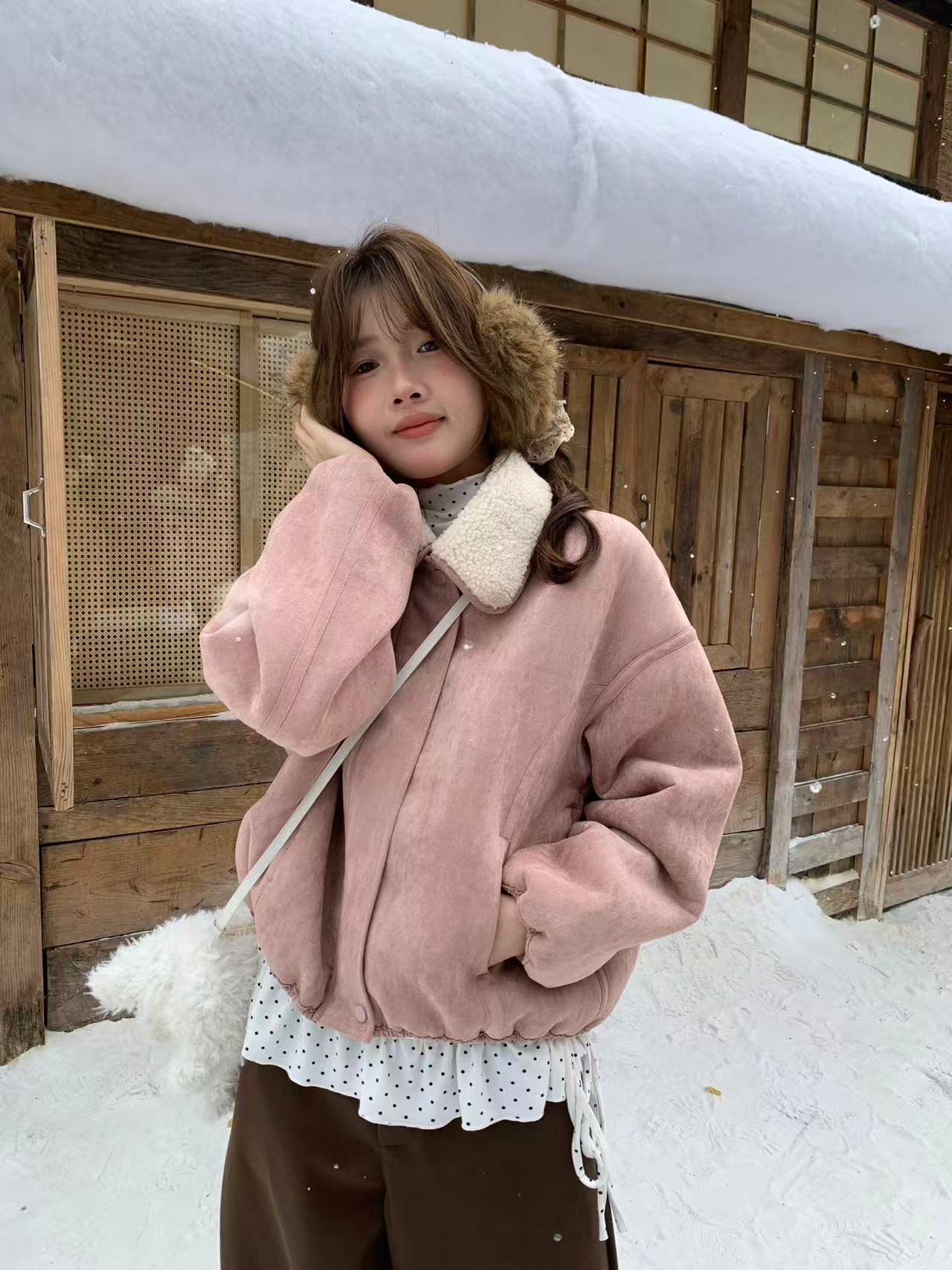 皮毛一体保暖麂皮外套 粉色麂皮绒翻领羊羔毛外套女秋冬保暖上衣