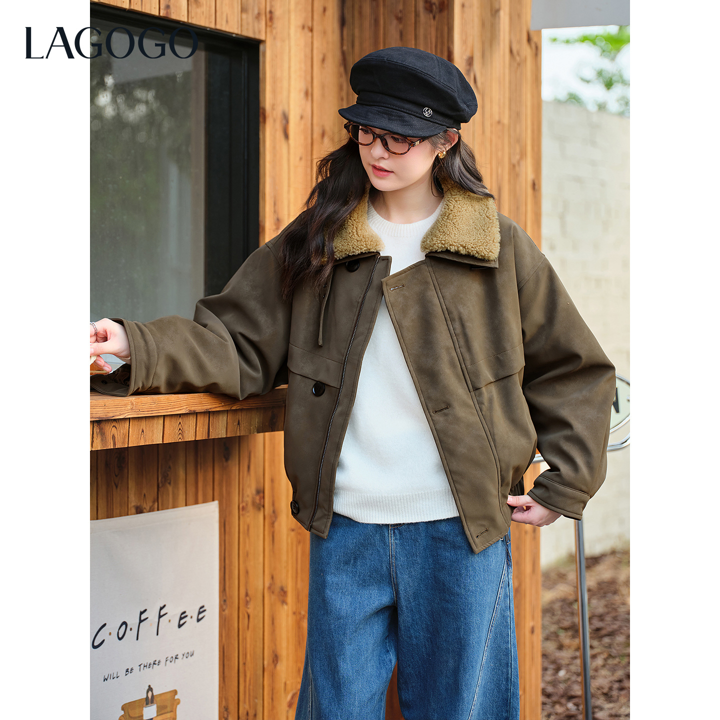 lagogo拉谷谷2025年新款橄榄绿复古仿羊羔毛外套女OCRR139G08