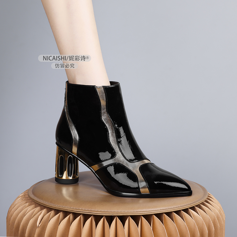 2025年新款欧美设计感高级感复古拼接百搭短靴女优雅气质绒里0304