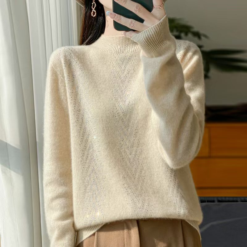 女士半高圆领烫钻羊毛衫软糯亲肤套头打底衫宽松百搭毛衣