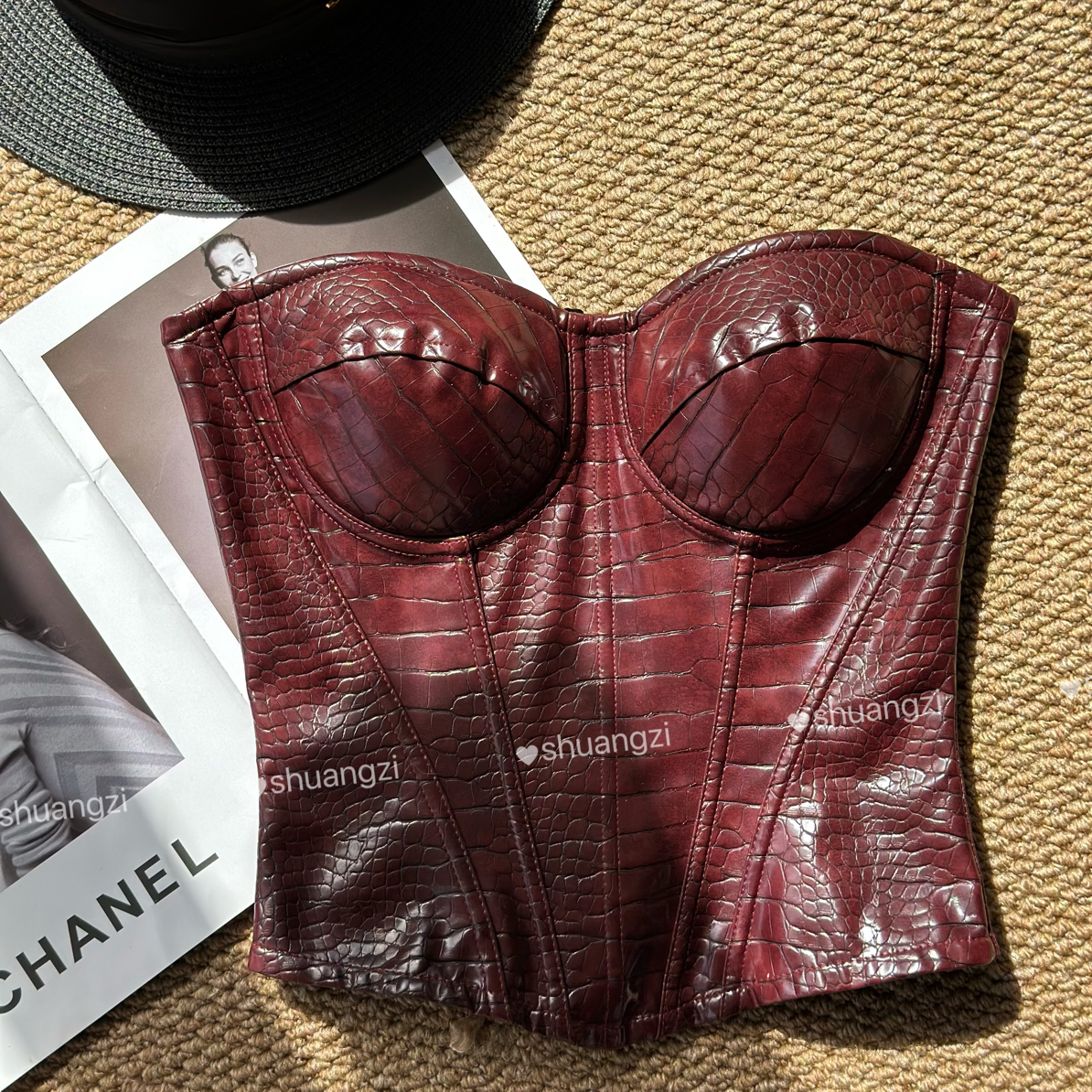 鳄鱼纹PU皮吊带外穿聚拢托胸鱼骨胸衣女士性感显瘦欧美风