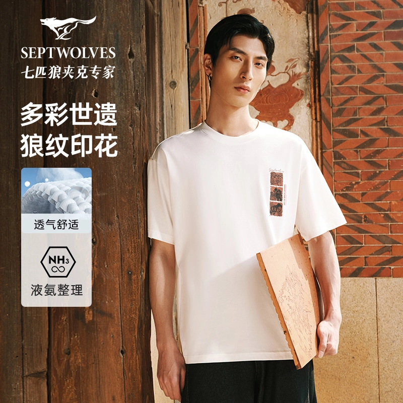 七匹狼多彩世遗砖雕T恤夏季圆领短袖百搭户外休闲111F40602799