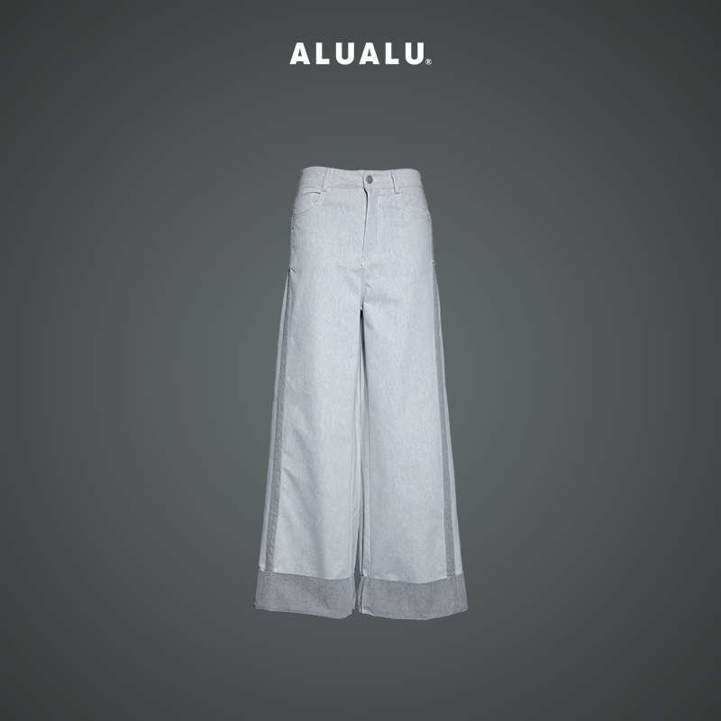 翻边白色无弹力休闲风薄款牛仔阔腿裤休闲裤时尚高腰女装牛仔裤