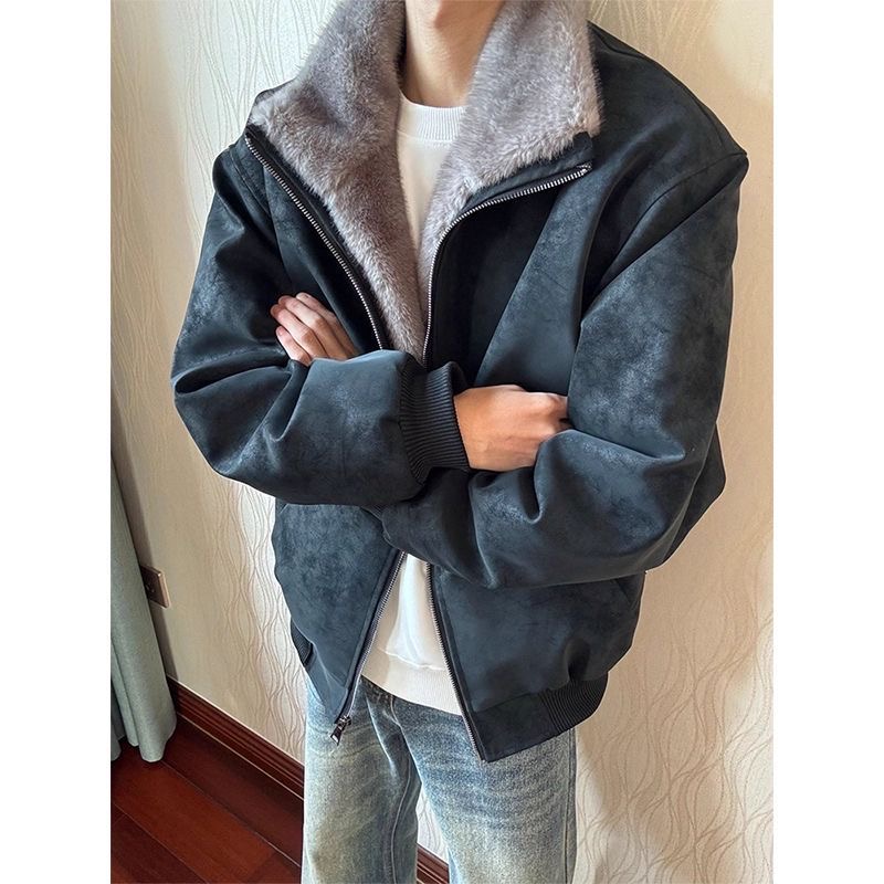 冬装美式PU皮座山雕棉服男女同款宽松复古加厚加绒重磅棉衣外套潮