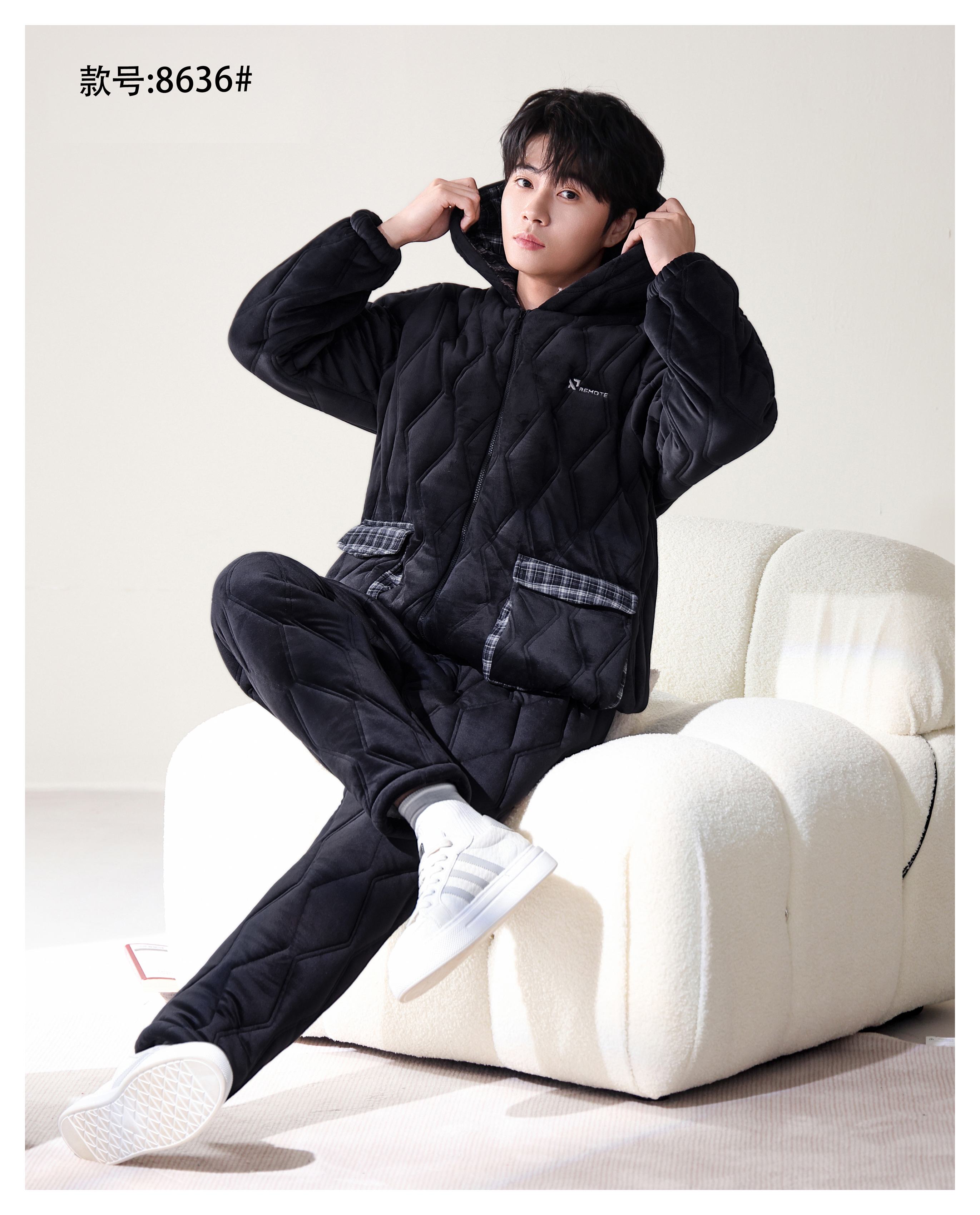 冬季新款休闲连帽睡衣套装男轻奢海岛绒三层夹棉加绒加厚居家保暖