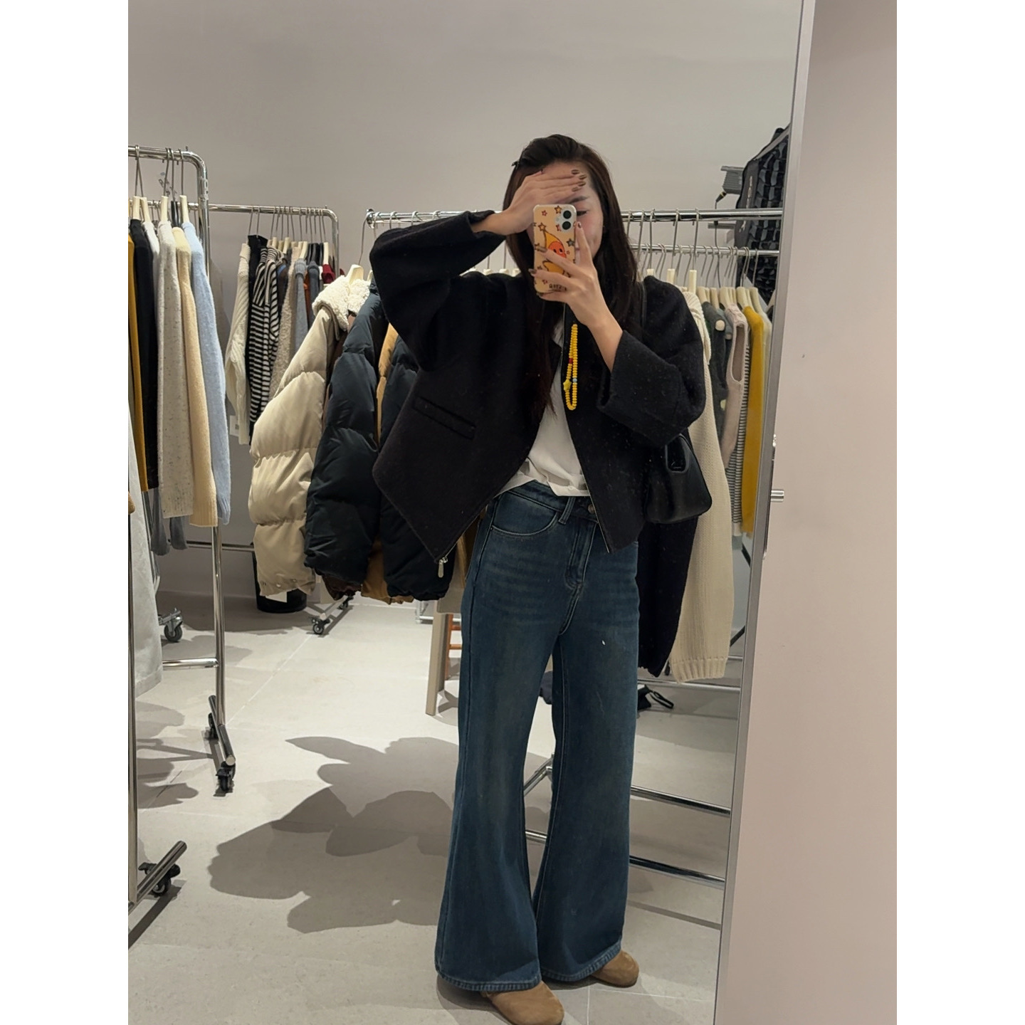 J-26078#【秋冬百搭神裤】“复合绒”弹力直筒微喇牛仔裤巨遮垮！
