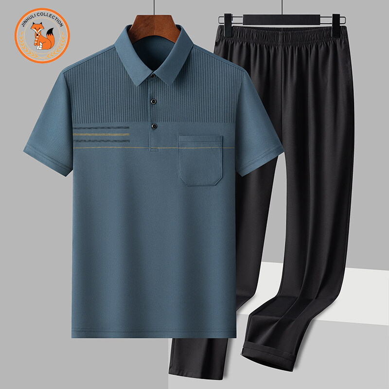 金狐狸夏季新款中老年冰丝翻领短袖衬衫档次套装爷爷男装送爸爸