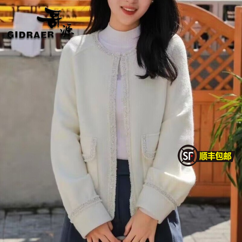 魅言商场同款2025年秋冬季新款百搭休闲圆领羊毛呢小香风外套女
