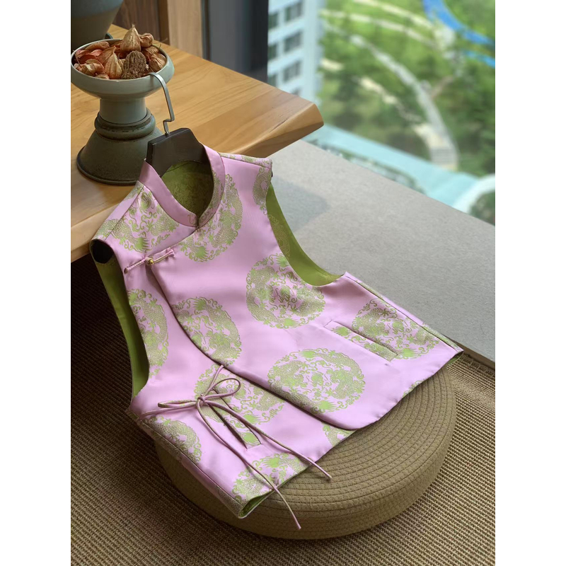 羽熹中式【粉色团龙】 国风新中式祥龙织锦缎立领斜襟双穿马甲