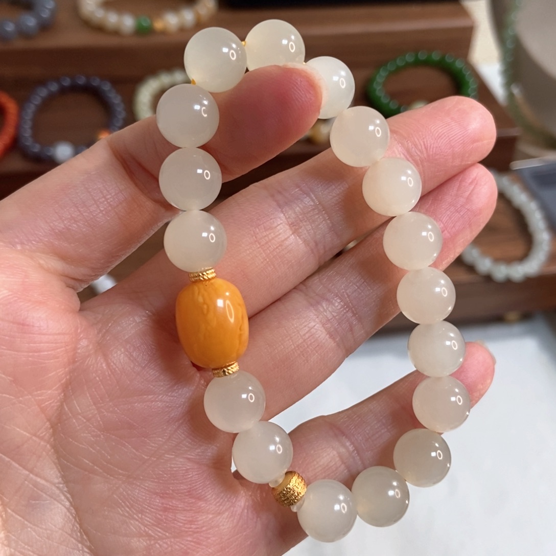 和田玉手链银S925镶嵌蜂蜜水10mm高冰底蜂蜜水微猫