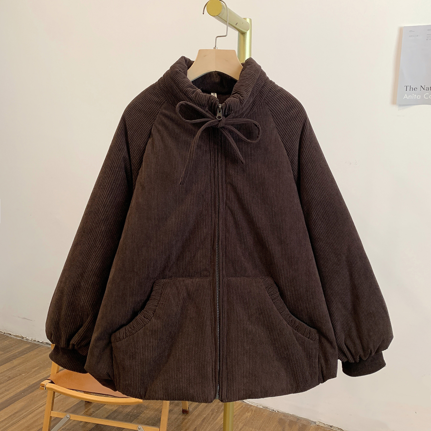 咖啡豆Y4074夹棉灯芯绒拉链系带立领棉衣