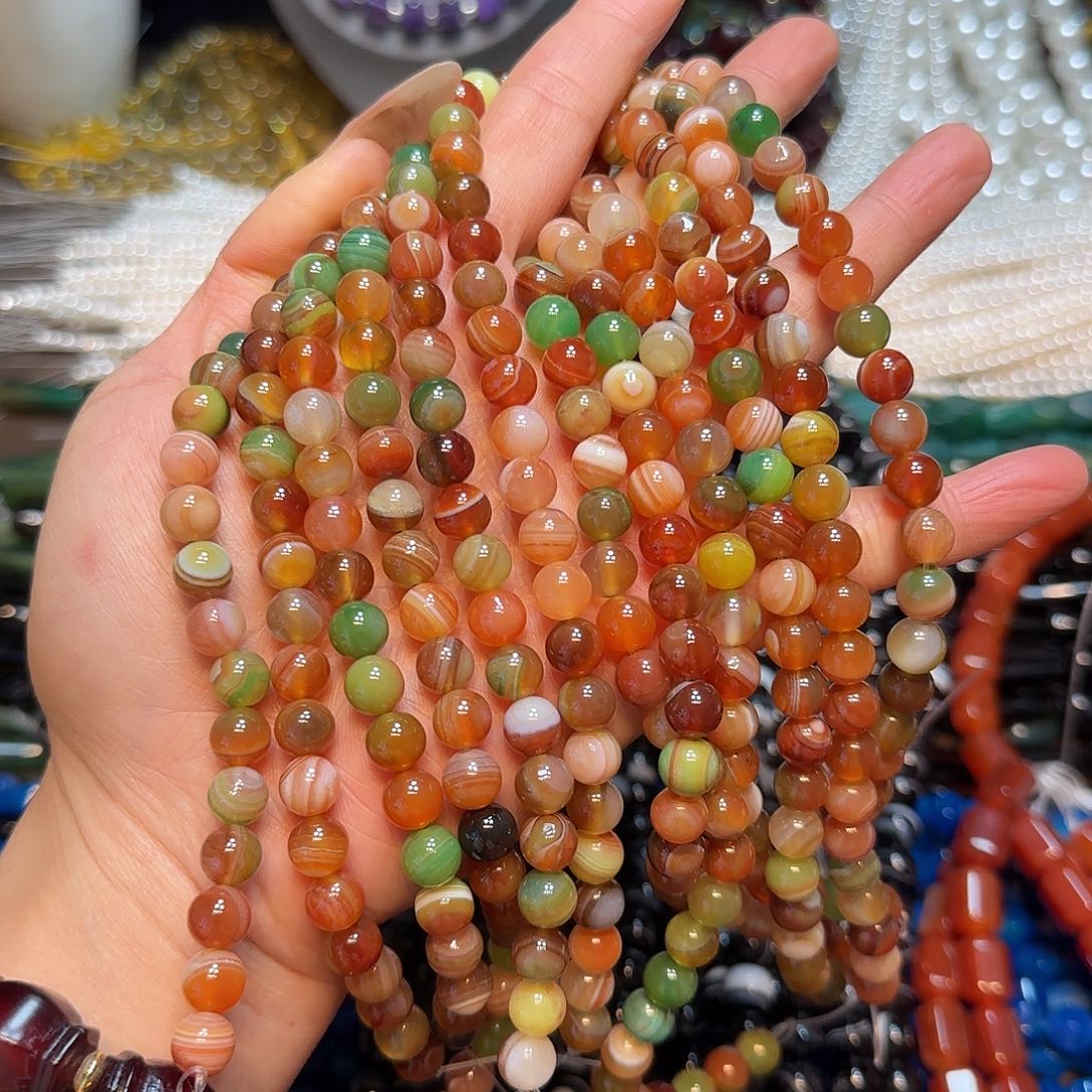 玛瑙/玉髓合金珠宝半成品8mm线条玛瑙孔雀一条