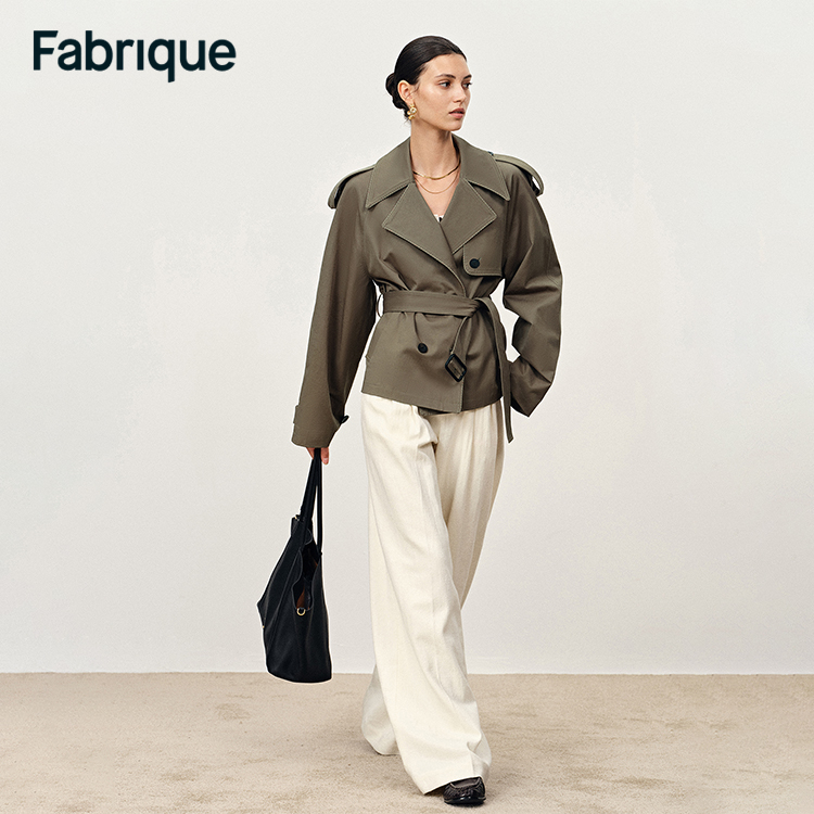 Fabrique Beatrice 【旷野风衣】苔绿色斜纹纹镶边腰带短款夹克外套