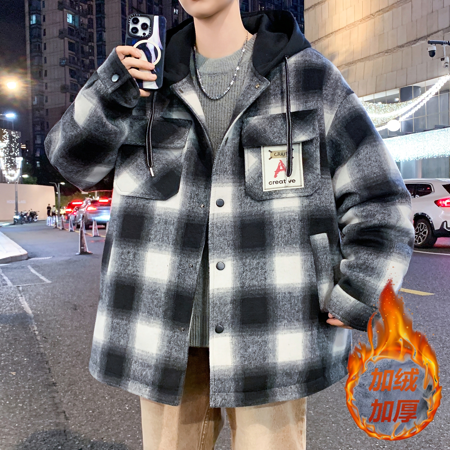 秋冬季青少年潮流外套连帽加绒加厚夹克男款学生毛呢格子保暖百搭