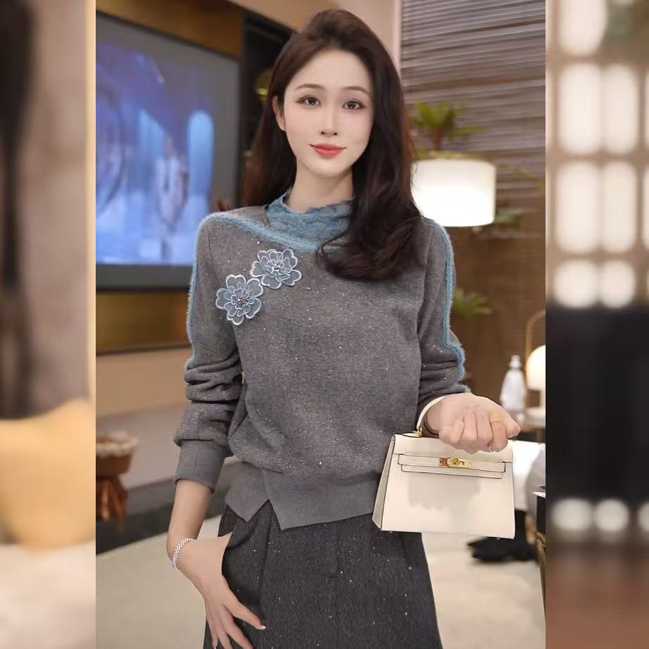 【林雪雪】灰度空间秋冬新款气质百搭遮肉显瘦灰色针织衫-M2512610