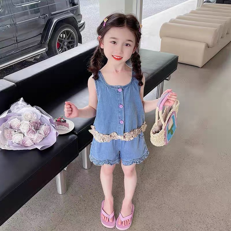 女童夏款牛仔网红套装2025新款女宝宝时髦洋气夏装背心短裤两件套