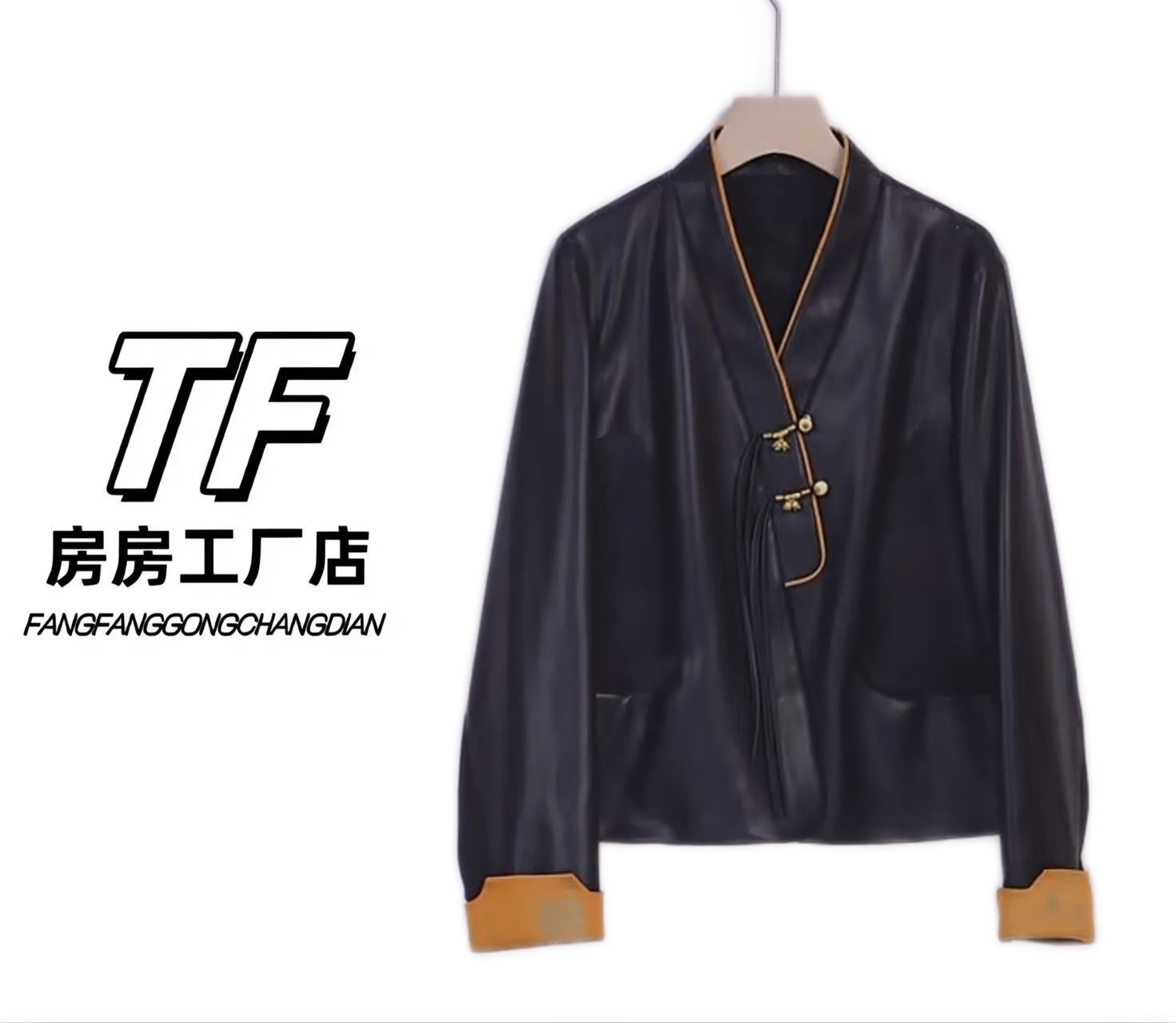 062夹克翻领腰带休闲皮衣休闲长袖V领外套宽松型