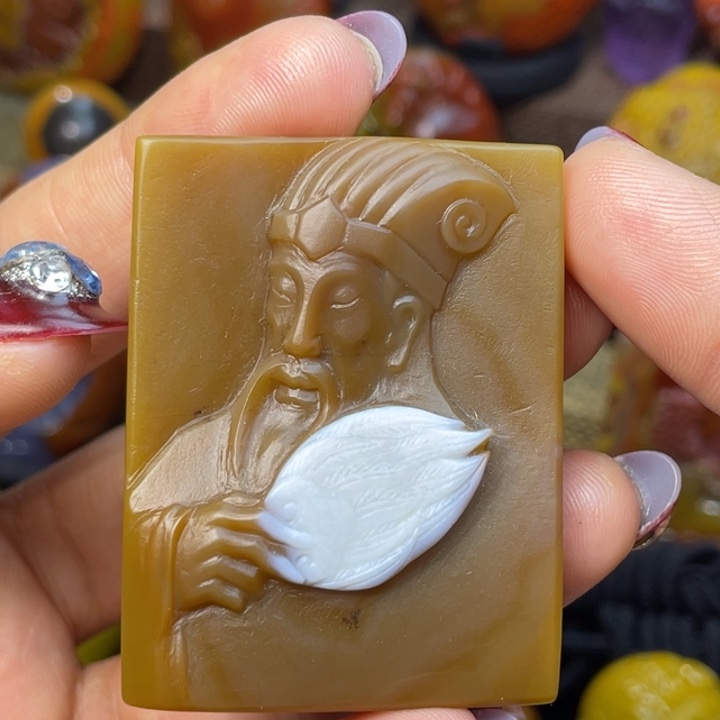 玛瑙/玉髓足银镶嵌珠宝奇石宣化北山平安无事牌，诸葛亮