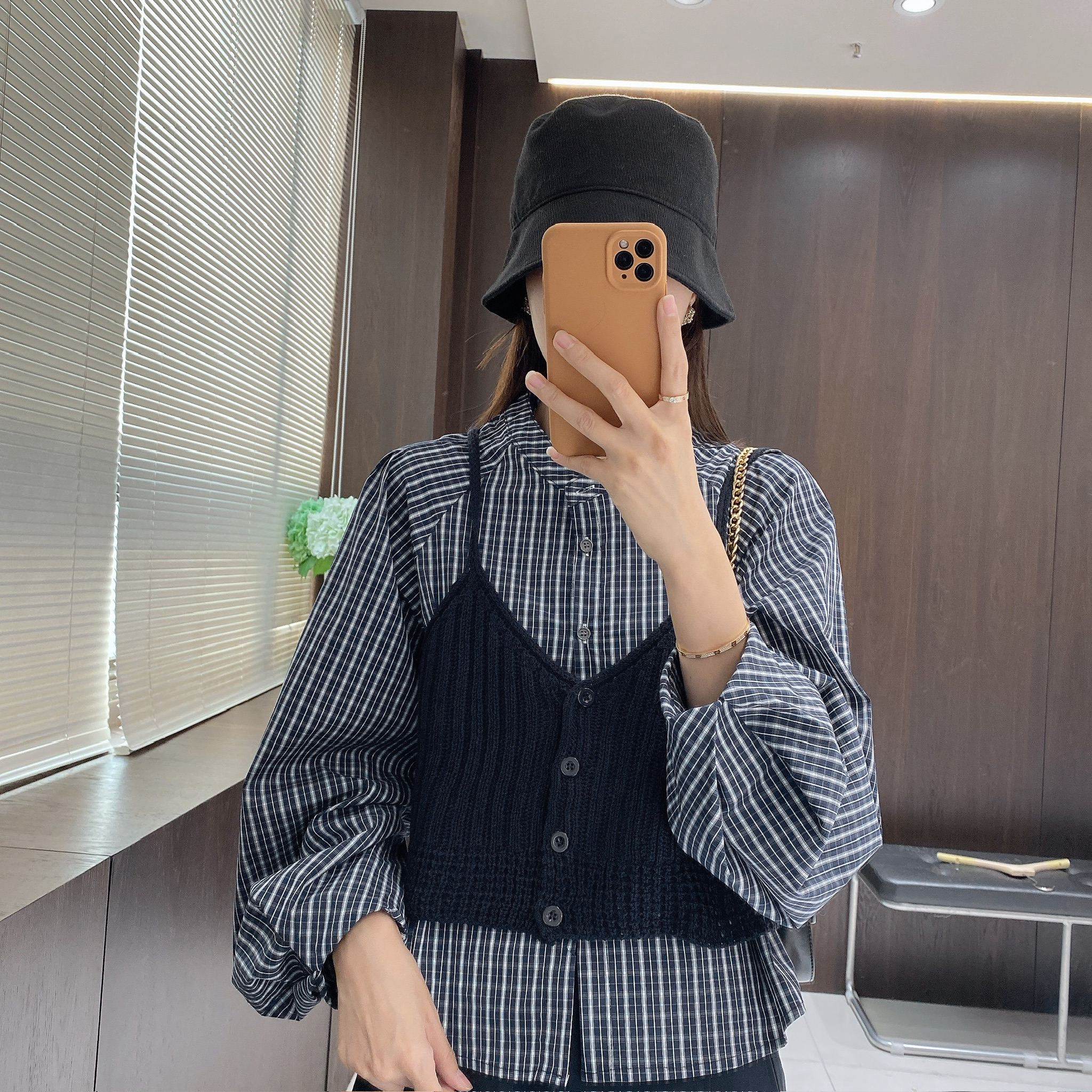 IMFLY金小金自制女装 套装DYW9759韩版格纹衬衫+针织马甲两件套