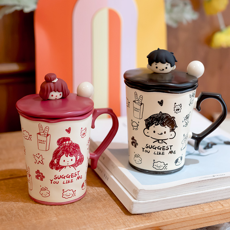 精东家情侣涂鸦陶瓷马克杯带盖勺家用喝水杯子小众设计感生日礼物