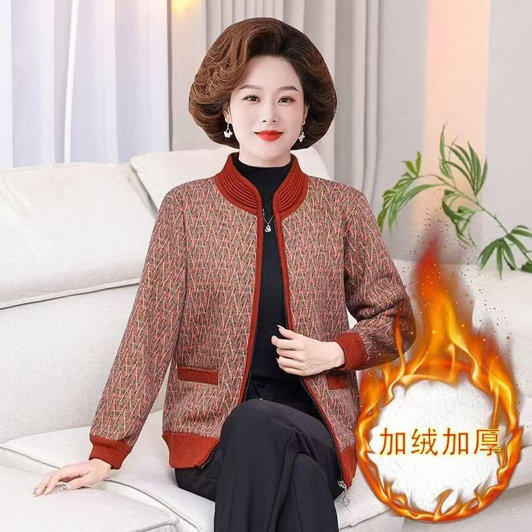 【丽姐家】秋冬新款妈妈装夹克厚款中老年加绒加厚毛衣外套
