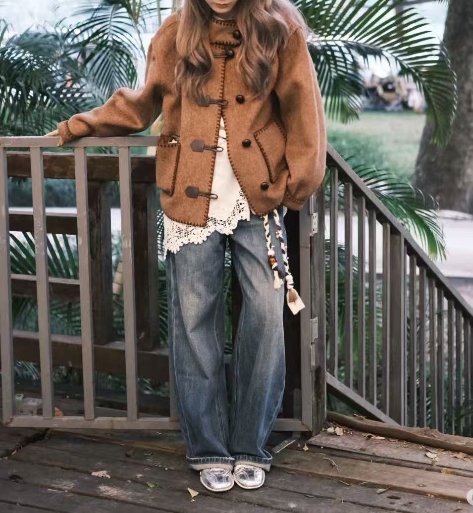 FUJIA STYLE新款时尚百搭简约气质休闲连帽毛呢外套DM213