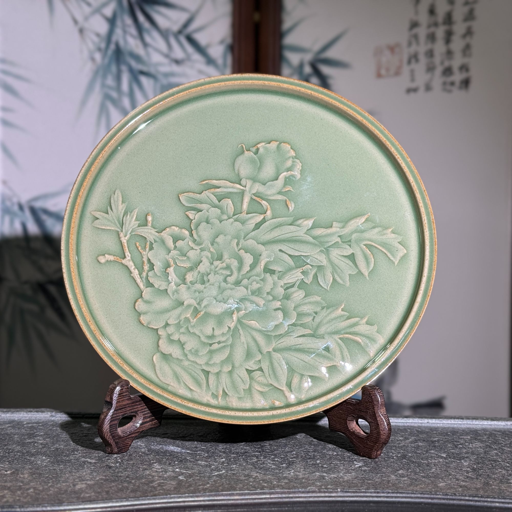 【长安知己】耀州窑天青秘色浮雕花想容盘青瓷茶盘赏盘高温瓷壶承盘