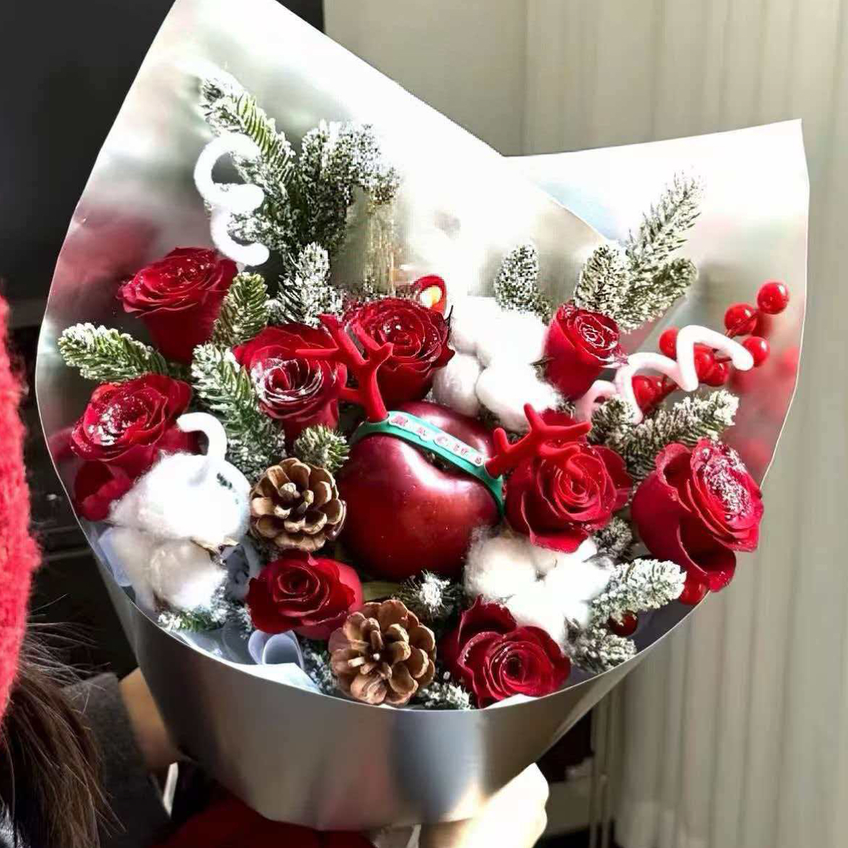 圣诞款雪中雾凇 红玫瑰苹果圣诞花束 送女朋友爱人对象朋友