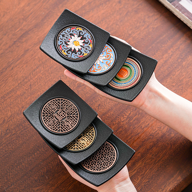 翘边珐琅彩茶杯托中式高档杯家用方形茶桌防滑隔热垫六个收纳装