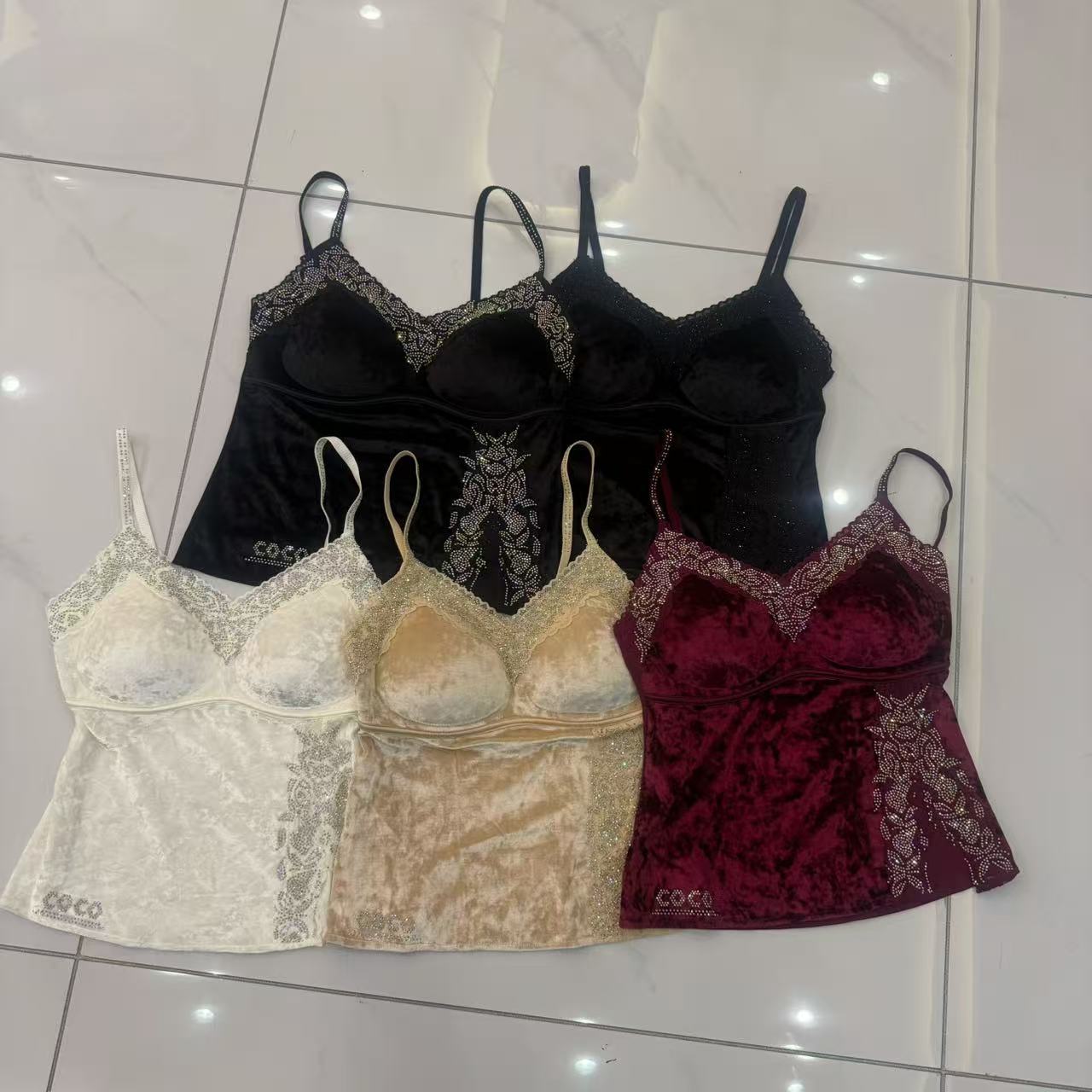 coco家丝绒烫钻美背性感风红色内搭吊带背心法式内衣时尚百搭303