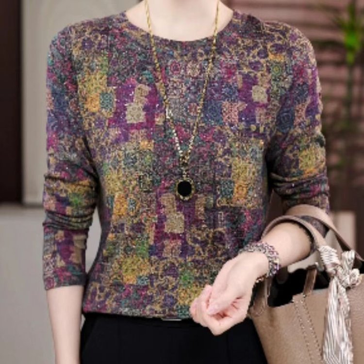 2025秋冬季新款显瘦打底衫女加绒长袖修身印花复古半高领洋气