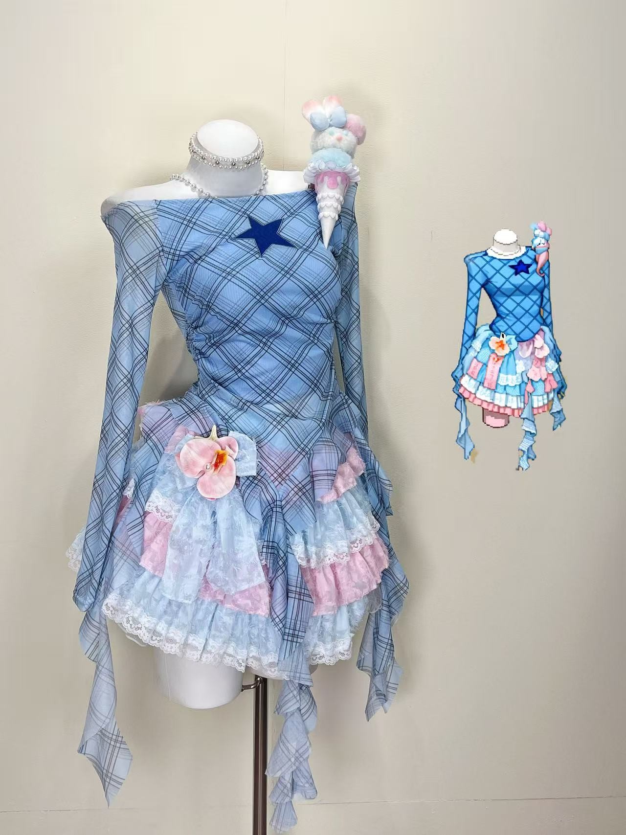 （预售）粉桃蓝调套装蕾丝款蓬蓬裙蓝色长袖上衣俩件套