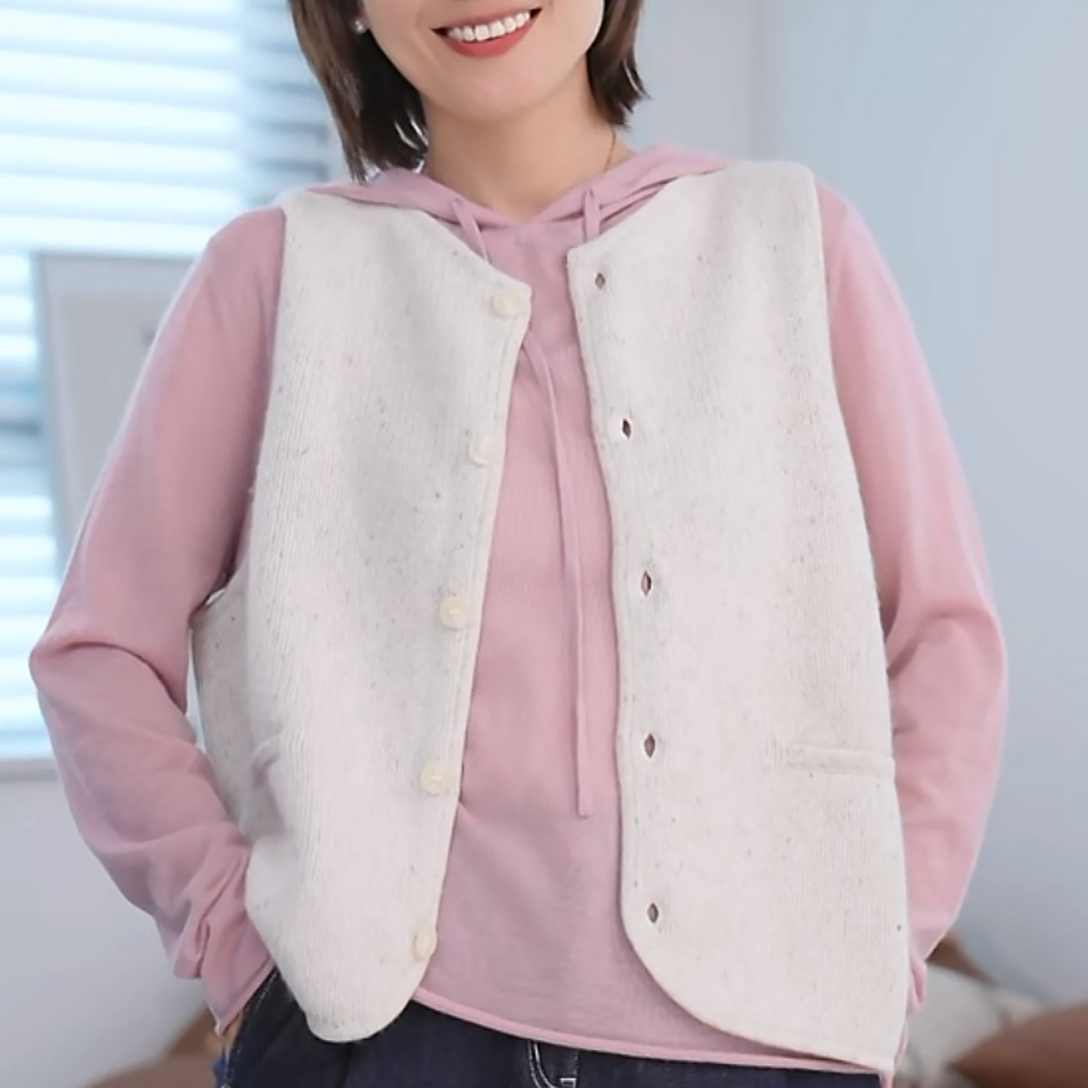 纯山羊绒圆领无袖针织马甲背心休闲开衫马夹