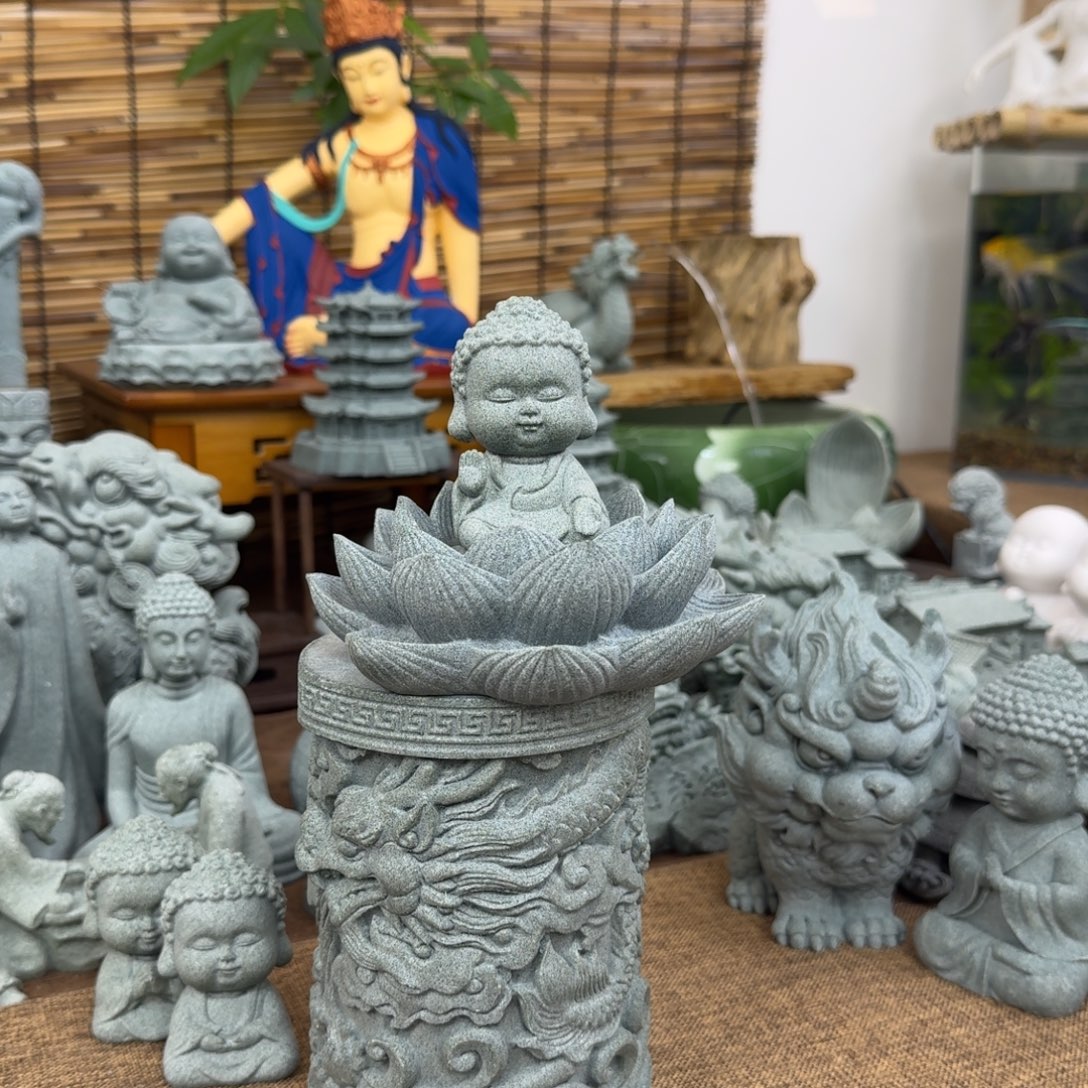 石材青砂石三层八瓣莲花底座➕立手宝宝佛