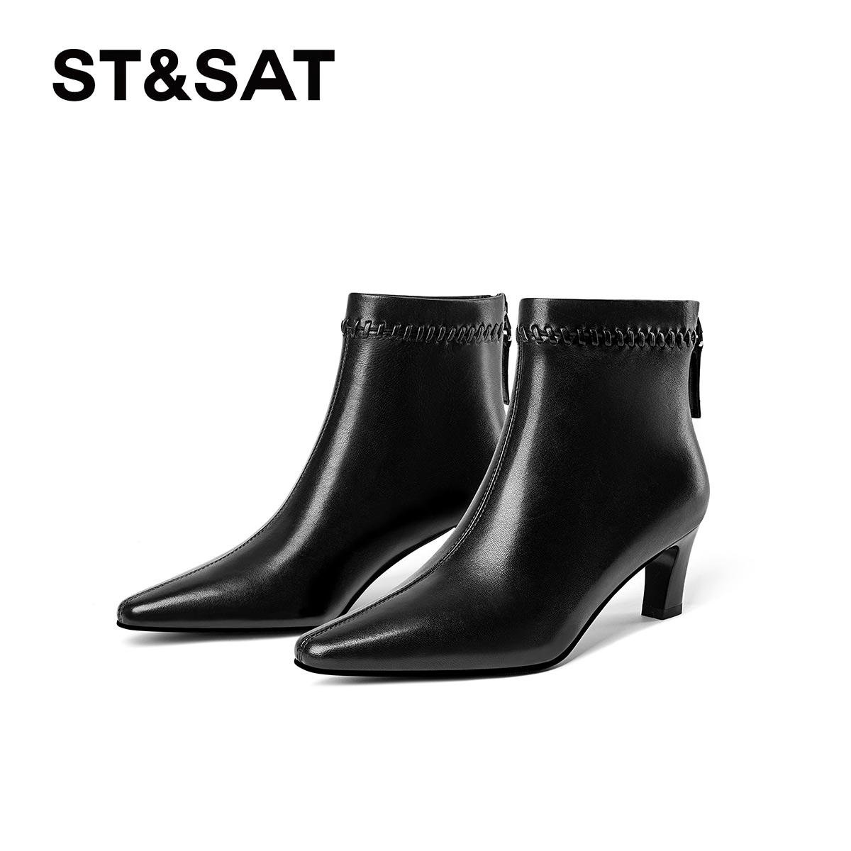 St&Sat/星期六气质时尚黑色百搭短靴尖头细跟女靴高跟优雅时装靴