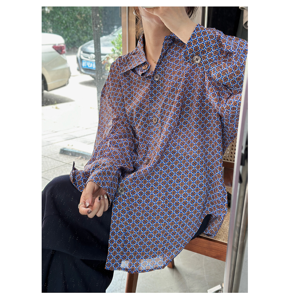 ML8125 春夏新款宽松花色翻领长袖女士休闲衬衫