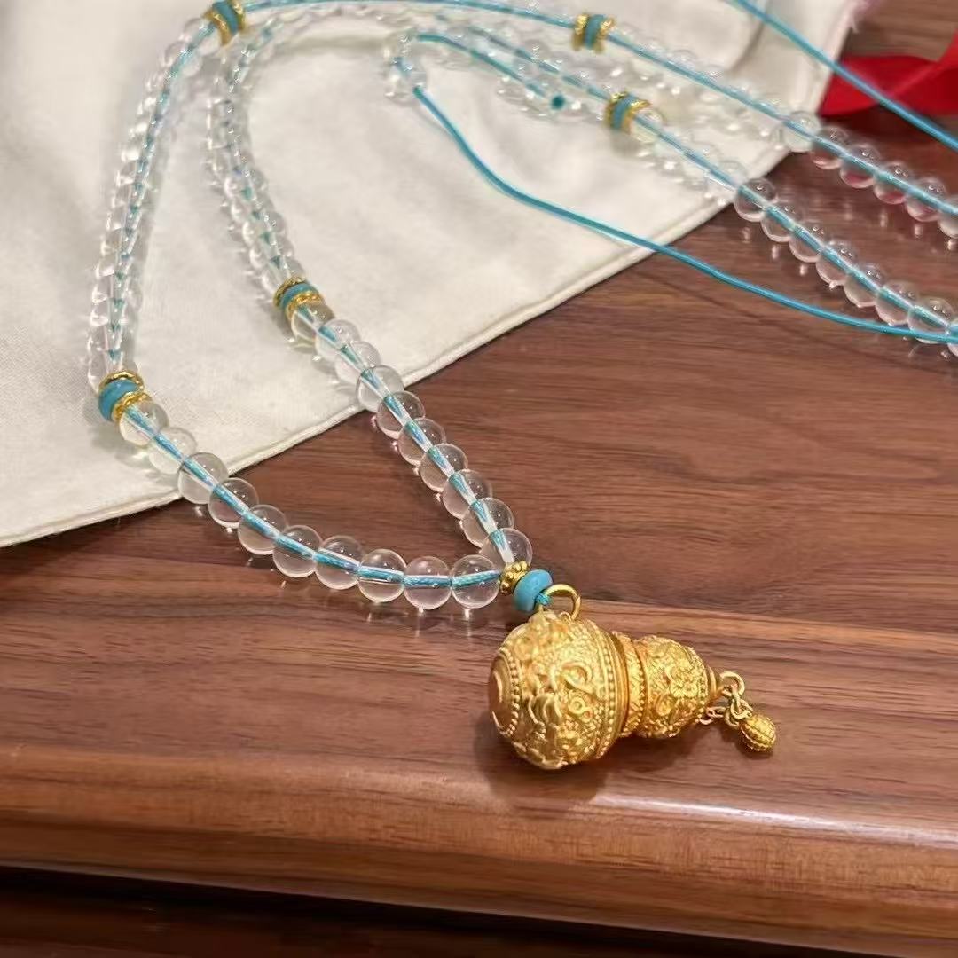 铜合金项链 SQ思岐新中式-古法錾刻莲花锦鲤葫芦白水珠项链5884