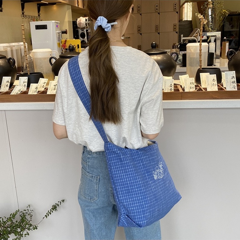 文艺韩女｜新款韩系格子刺绣单肩斜挎帆布包  通勤上班 有拉链