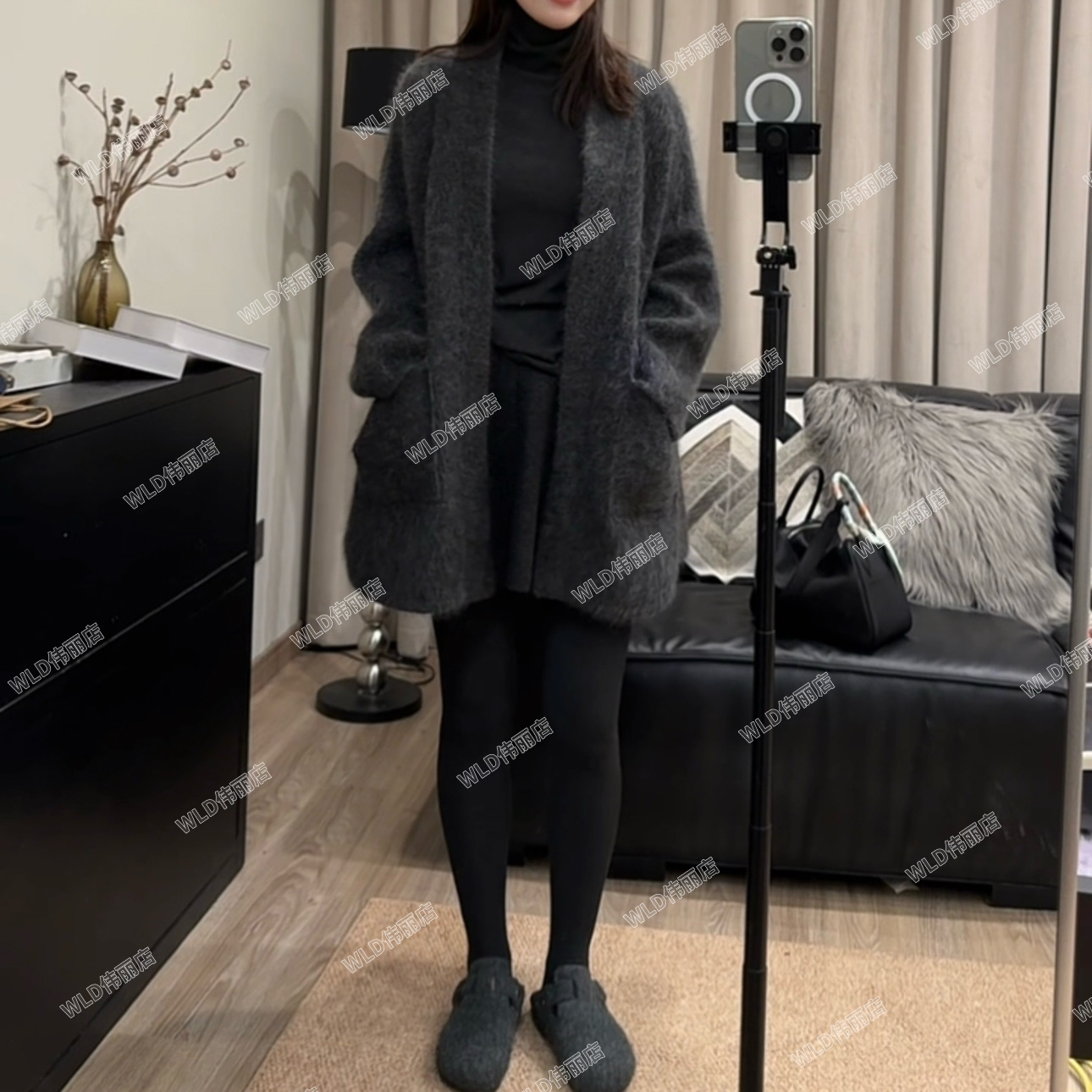 伟丽6店4582款【超级马海毛V领口袋长款外套】女士厚款开衫外套