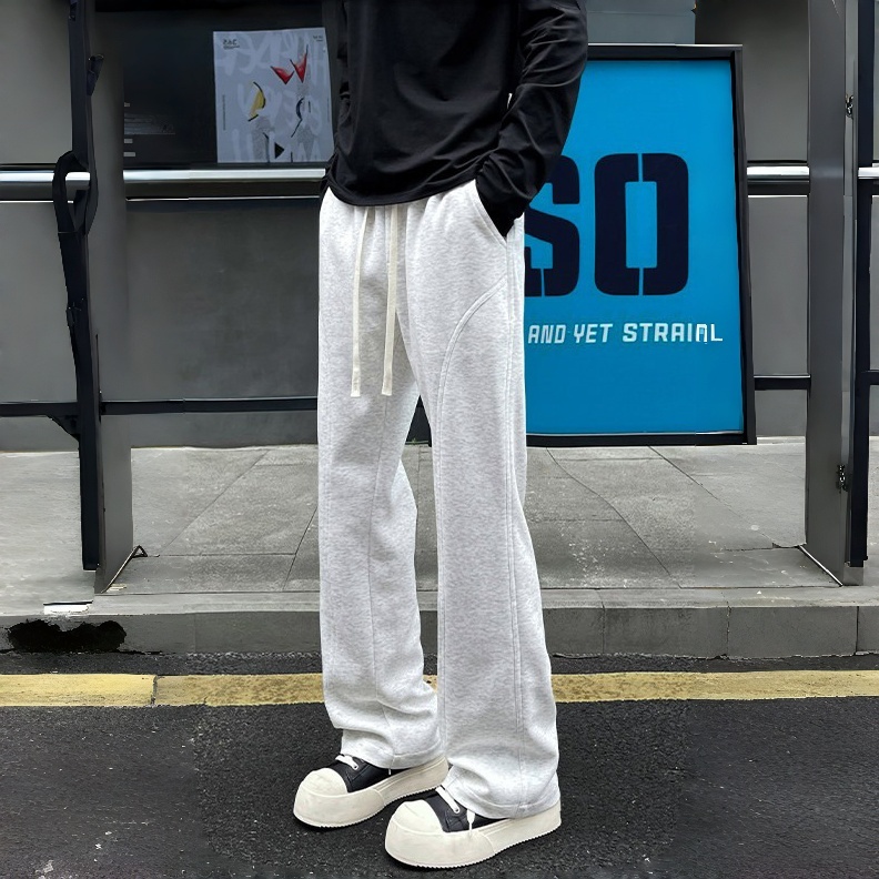 浅灰色斜切微喇卫裤男女同款美式复古cleanfit裤子弯刀直筒休闲裤