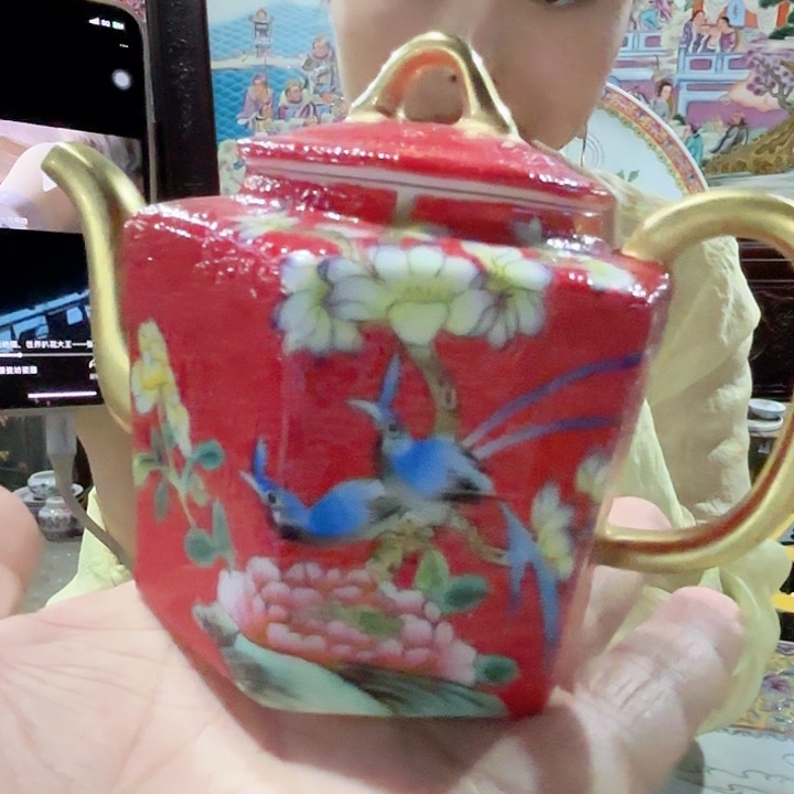 摆件景德镇高温陶瓷扒花红色壶看图片