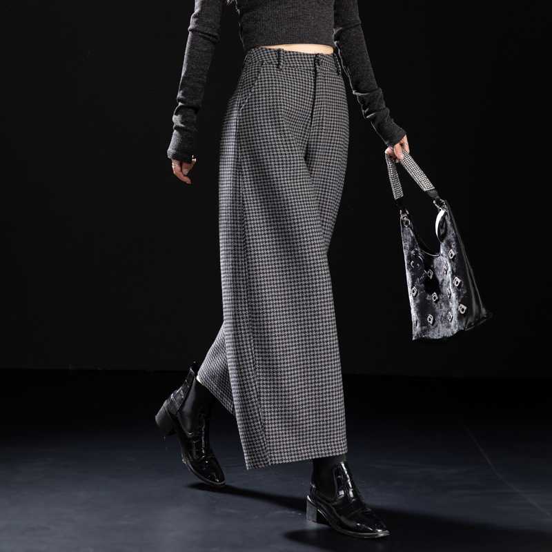 毛呢裤秋冬加厚休闲裤九分裤千鸟格阔腿裤加绒裤子弯刀裤2025新款