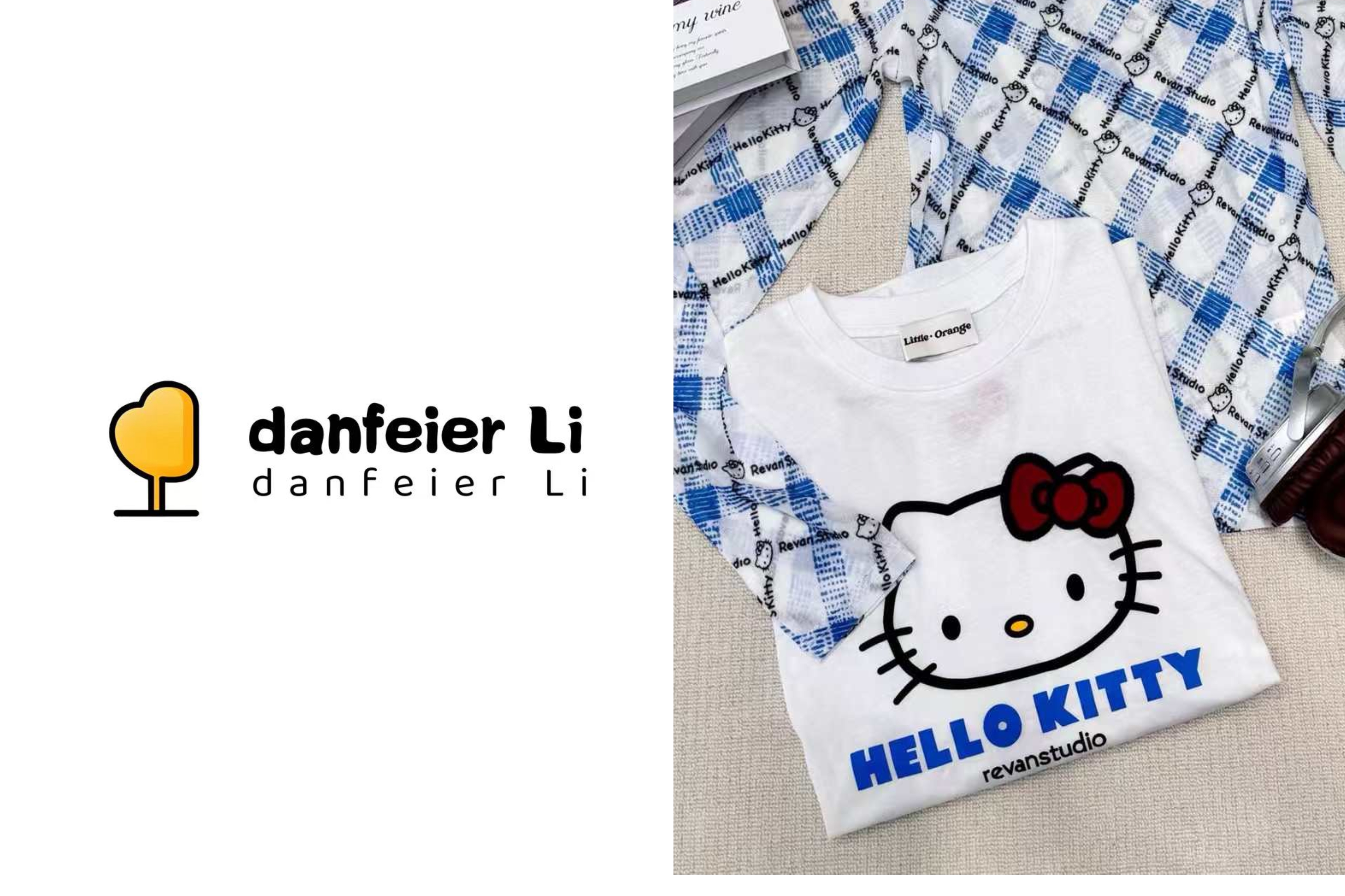 《丫丫推荐款》7241设计款蓝字母KT猫咪短袖白T白色纯棉