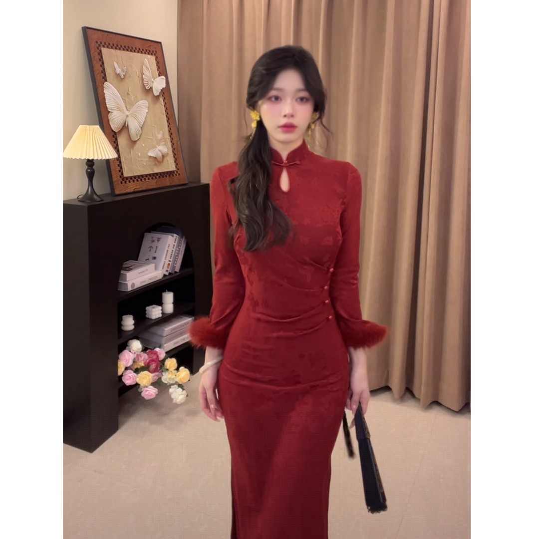 【织锦】红色加绒弹力新中式旗袍秋冬新款改良款旗袍连衣裙衣长袖