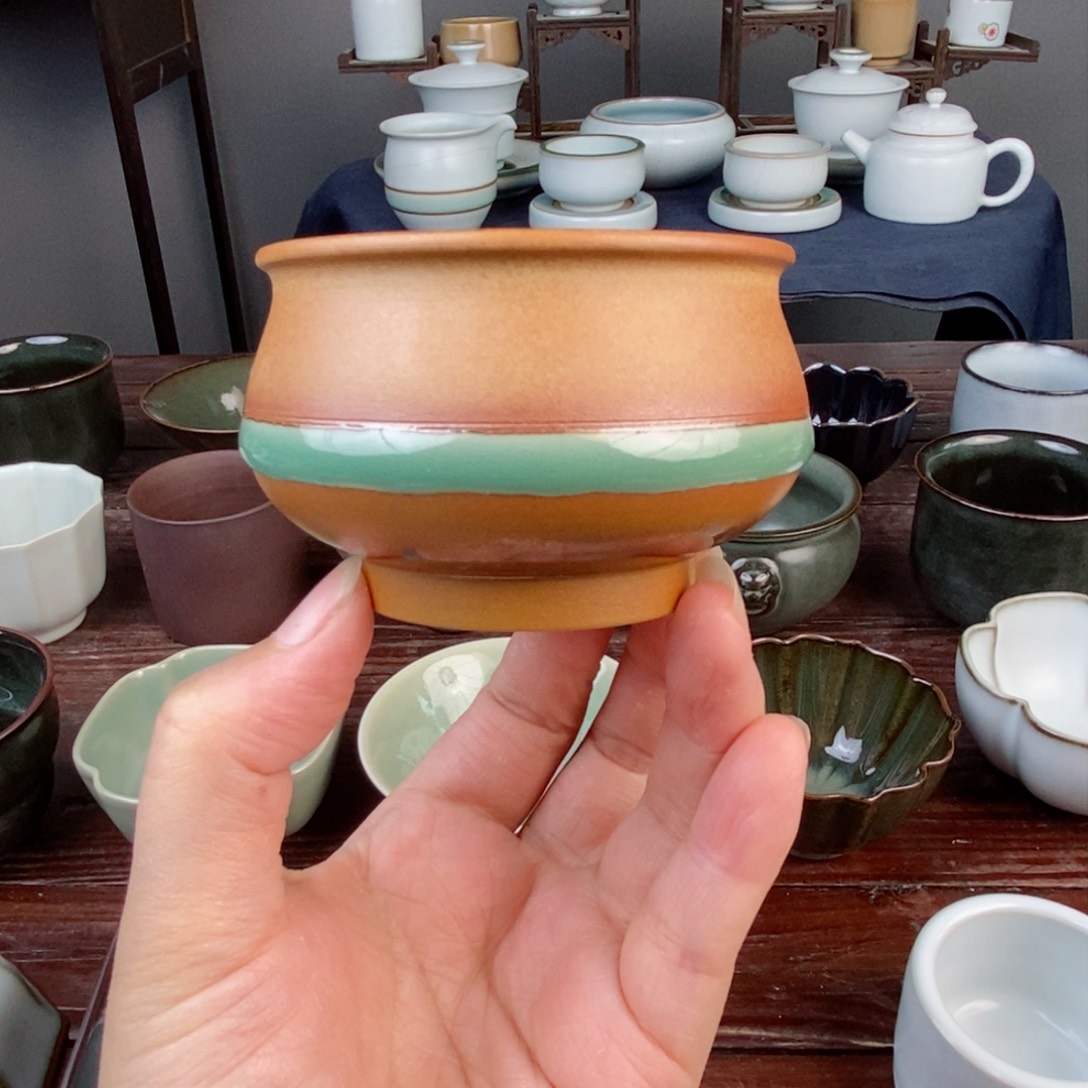 朱砂胎草木灰炉式杯 玉带缠腰 不开片 