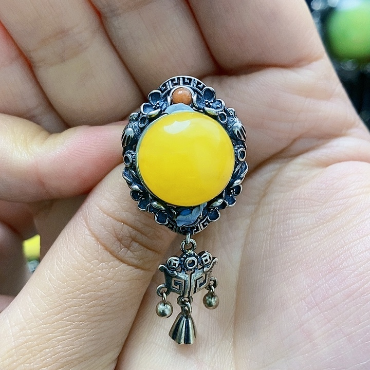 琥珀裸石银S925镶嵌戒指