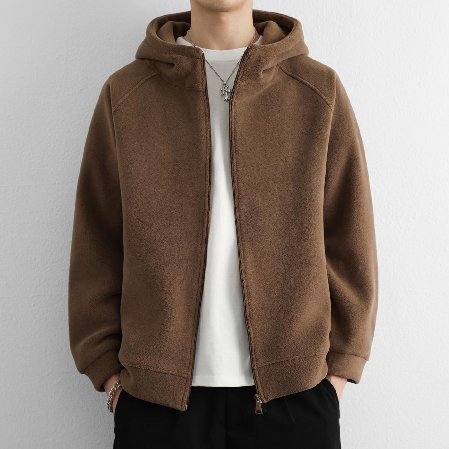 奥粒绒连帽外套男秋冬季加绒加厚休闲青少年开衫卫衣手抓绒内胆男