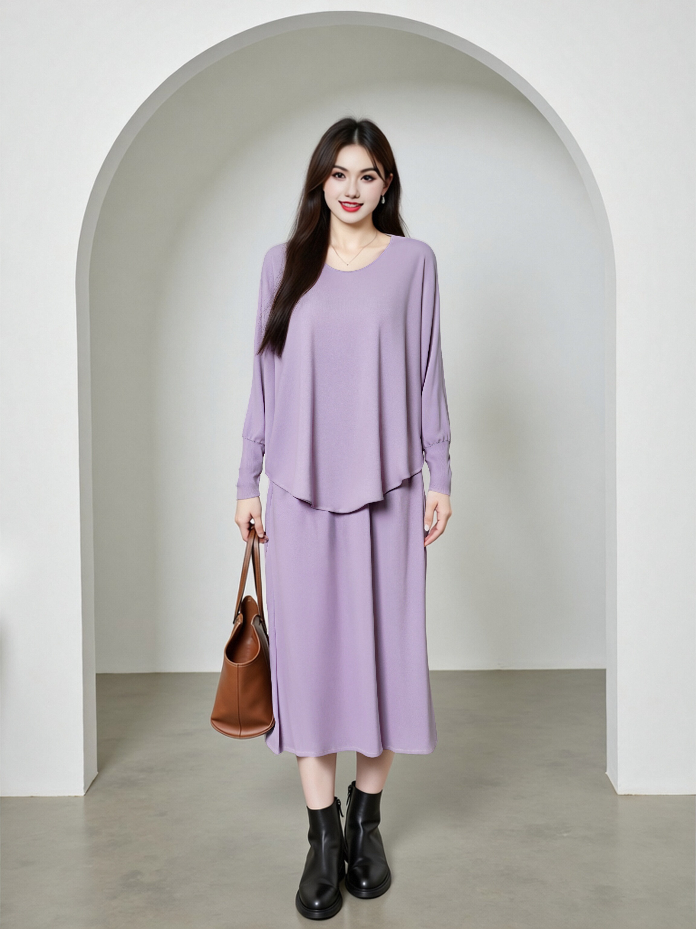 大码女装设计感不规则上衣女半裙针织套装2025秋胖mm两件套