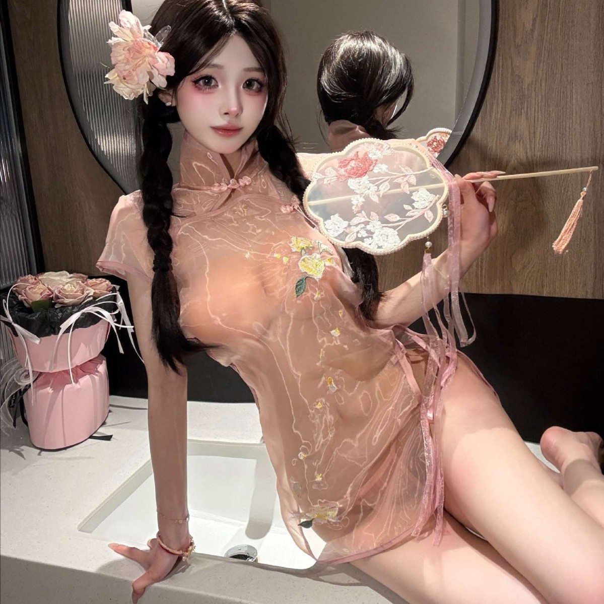 性感火辣透视宝宝刺绣开叉古典立领旗袍内衣夏季睡衣睡裙裙子战袍