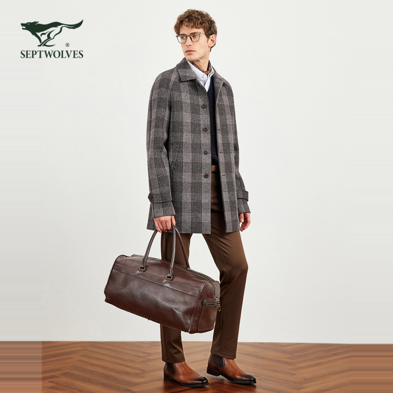 七匹狼羊毛大衣男中长款2025冬季新款男士翻领格纹保暖毛呢外套潮